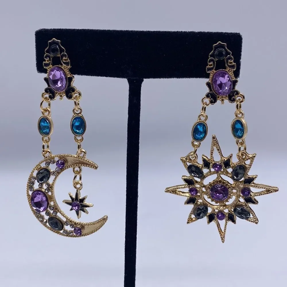 🔅🆕🔅 🌙 💜 Elegant Crystal Sun Moon Drop Long Earrings ☀️🌙✨